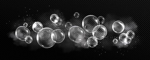 Soap bubbles with smoke and particles on black background. Abstract monochrome glass balls or spheres flying motion. Water foam, soapy circles graphic elements, Realistic 3d vector illustration
