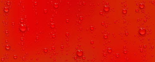 Water drops on red background. Realistic bubbles of soda drink or condensation abstract texture. Transparent aqua random droplets pattern on bright scarlet color surface 3d vector design, illustration