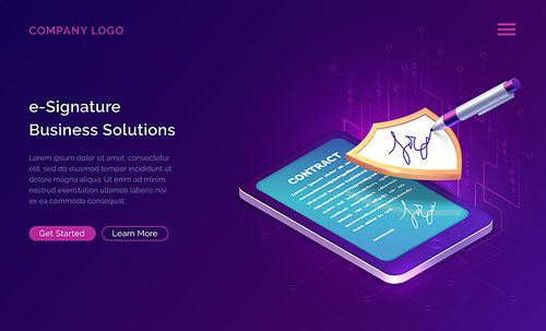 Electronic signature business solution concept vector isometric illustration. Online signing of contract on digital tablet screen, shield and stylus pen, purple landing web page for application