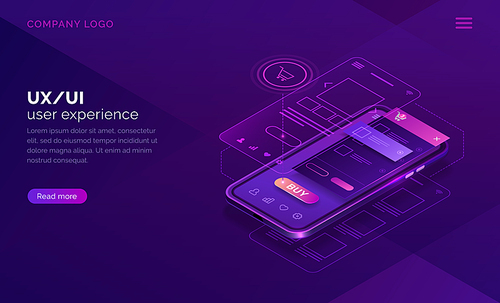 User experience concept vector isometric illustration. Mobile app ux, ui interface developmenti for online shopping, smartphone and website wireframe on screen