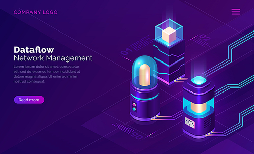 Data flow, network manager isometric technology concept vector. 3d futuristic servers infrastructure with glass domes and connections, blue ultraviolet information flows. Landing web page banner