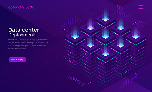 Date center isometric concept vector. Server room with racks, virtual supercomputer internet technology, database infographic infrastructure, cloud information storage on ultraviolet landing page