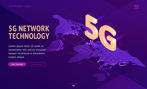 5g network technology isometric landing page. Worldwide wireless mobile telecommunication new generation cell service, internet high-speed connection, 3d vector illustration, web banner template.