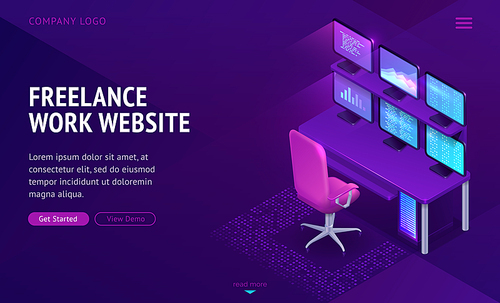 Freelance work website isometric landing page. Workplace with computer table, armchair and many pc monitors. Service for remote distant employees freelancers Cartoon vector Illustration web banner