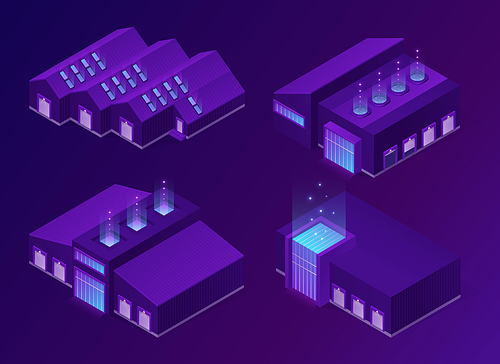Isometric storehouse, logistics warehouse or factory buildings with lifting door, glass facade and ventilation system. Cargo and freight storage, industrial hangars 3d vector neon glowing illustration