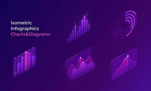 Isometric infographics charts and diagrams, 3d data analysis columns, infographic vector elements, financial information datum statistic. Template for business presentation, report or web site design
