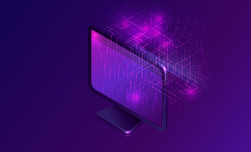 Document manager business concept vector isometric illustration. Computer monitor on purple ultraviolet background with information waterfall or big data stream, vertical banner or landing webpage
