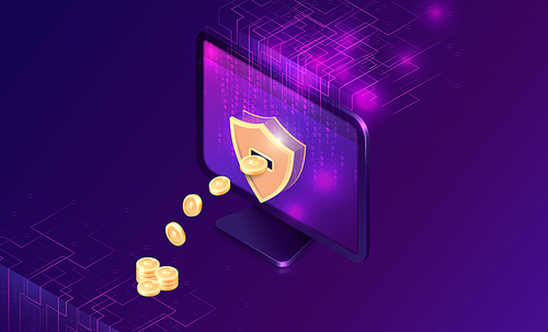 Cryptocurrency mining isometric concept vector illustration. Computer monitor with golden shield on screen, gold coins flying out, isolated illustration on ultraviolet background with big data stream