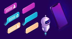 Chatbot technology, isometric set vector illustration. Ultraviolet background with mobile phone, artificial intelligence or robot figure, text bubble or message icons, interface design elements