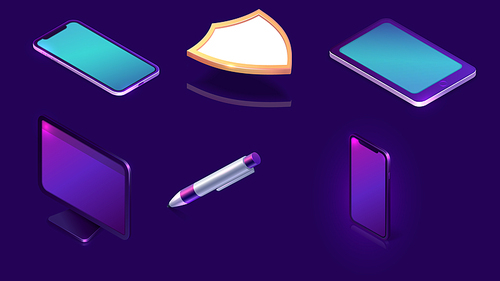Electronic signature set, business solution concept vector isometric illustration. Online signing icon collection, digital tablet and pad, computer, mobile phone, shield and stylus pen on ultraviolet