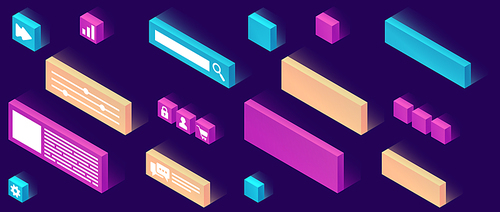 Website constructor isometric icon set vector illustration. 3d pictograms or signs template for creating customize website design, interface isolated on ultraviolet background