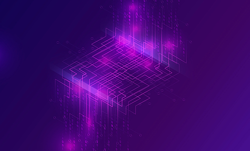 Big data waterfall or cascade, digital binary code data flow analysis visualization, isometric vector illustration. Ultraviolet horizontal banner with streams of numbers, abstract purple background