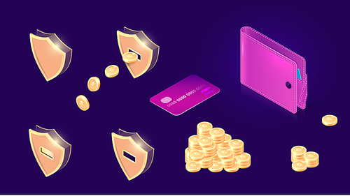 Money transfer icons isometric concept vector illustration. Golden shield and gold coins flying out of its, wallet and credit card isolated on ultraviolet background