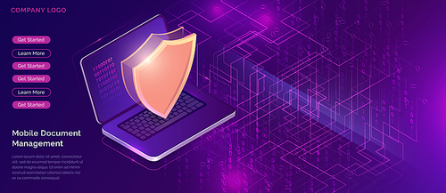 Data protection concept, online security guarantee, isometric vector. Open laptop, golden shield guards personal information on its screen, purple background with digital data stream, landing web page