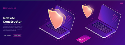 Online electronic payment isometric concept vector illustration. Golden shield, open laptop with digital code on the screen and credit card on ultraviolet background, web banner, landing page