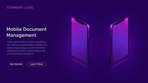 Mobile document manager business concept vector isometric illustration. Two 3D mobile phones turned away from each other by screens isolated on ultraviolet background