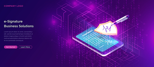 Mobile document manager business concept vector isometric illustration Online signing of contract on digital smartphone or tablet screen, shield and stylus pen, purple ultraviolet digital background
