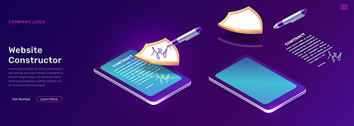 Mobile document manager business concept vector isometric illustration Online signing of contract on digital smartphone or tablet screen, shield and stylus pen, purple landing web page for application
