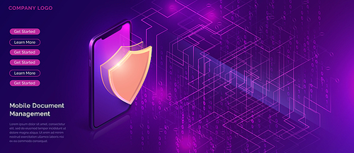 Data protection concept, online security guarantee, isometric vector. Smartphone, golden shield guards personal information on its screen, purple background with digital data stream, landing web page