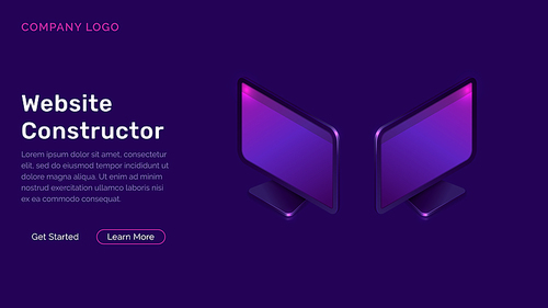 Website constructor isometric concept vector illustration. Software landing page template for creating customize website design, two 3D computer monitors on ultraviolet background