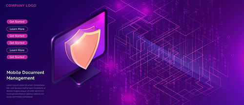 Data protection concept, online security guarantee isometric vector. Computer monitor, golden shield guards personal information on its screen, purple background with digital data stream, landing page