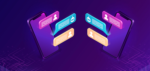 Chat bot or mobile chatting, isometric concept vector illustration. Dialog sms icons or text bubbles on screens of two smartphones facing each other, isolated on purple, ultraviolet background