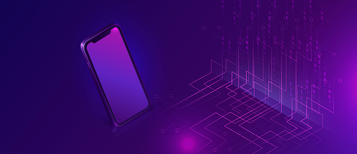 Mobile document manager business concept vector isometric illustration. Smartphone on purple ultraviolet background with information waterfall or big data stream, vertical banner or landing webpage