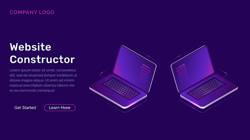 Website constructor isometric concept vector illustration. Software landing page template for creating customize website design, two open 3D laptops with digital code on screen, on ultraviolet banner
