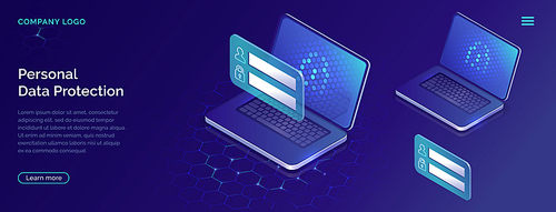 Protecting personal data concept, internet account security guarantee isometric vector. Frame with login and password in front of open laptop screen on blue honeycomb background, landing web site page