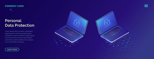 Protecting personal data concept, internet account security isometric vector. Two open laptops with blue screen on honeycomb background, landing web site page