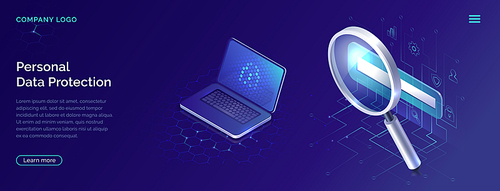 Protecting personal data concept, internet account security isometric vector. Frame with login and password ang magnifier, open laptop screen on blue honeycomb background, landing web site page