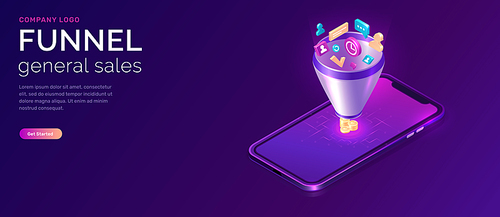 Sales funnel, isometric concept vector illustration. Marketing funnel with data drawn into it for analysis, optimization and sales generation, digital tool for profit growth. Template landing web page