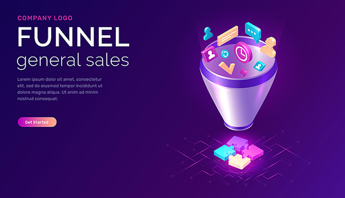Sales funnel, isometric concept vector illustration. Marketing funnel with data drawn into it for analysis, optimization and sales generation, puzzle elements or successful jigsaw solution, banner