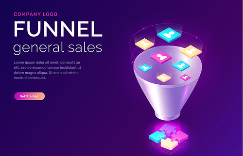 Sales funnel, isometric concept vector illustration. Marketing funnel with data drawn into it for analysis, optimization and sales generation, puzzle elements or successful jigsaw solution, banner