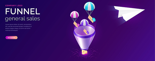 Sale funnel and email message service, isometric concept vector. Flying paper plane, parachuting icon envelopes in filter funnel, ultraviolet webpage for email marketing company, sending notifications
