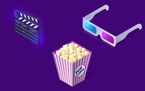 Cinema or movie icons isometric concept vector illustration. Popcorn bucket, 3D glasses and clapper isolated on ultraviolet background.