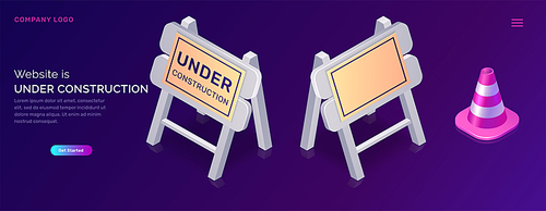 Website under construction, maintenance work or error page isometric concept vector illustration. Traffic cone and warning road traffic signs, purple ultraviolet web page banner