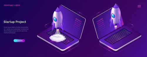 Business start up isometric concept vector illustration. Rocket taking off with fire and smoke, open laptop on ultraviolet background. Spaceship launching purple web page