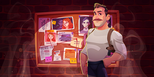 Police inspector or private detective on background of board with evidences. Vector cartoon illustration of investigator character, man with gun in holster and cork pinboard with notes and red string