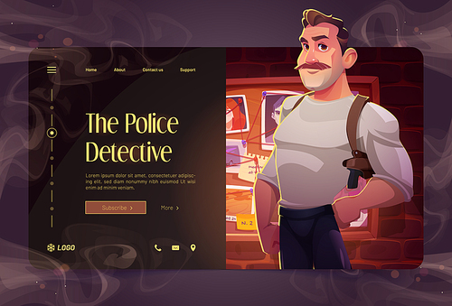 Police detective cartoon landing page. Private investigator with gun in holster stand at evidence board. Mustached man officer, cop character work at crime investigation service, Vector web banner