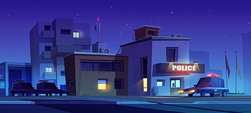 Police station building and patrol cars on parking at night. City street with precinct house, police department office facade and cop vehicles, vector cartoon illustration