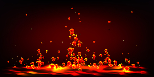 Hot liquid lava splash with flying red drops. Abstract background of seething molten magma surface with splatter. Orange fluid texture with rising bubbles, vector realistic illustration