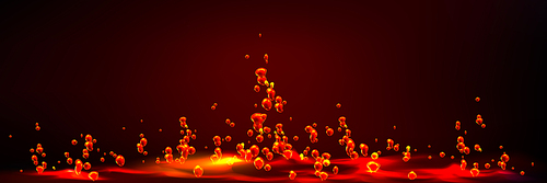 Boiling water, abstract background with red bubbles flying up from glowing liquid surface, dynamic motion. Hell lava, aqua, random moving seether or fizzing, Realistic 3d vector illustration, template