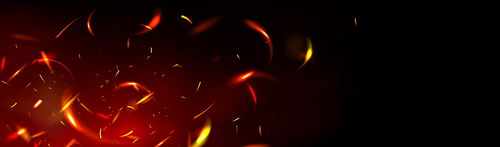 Red fire sparks overlay effect on black background. Burning campfire flame with ember particles flying in air at night. Abstract magic glow, energy blaze and shine Realistic 3d vector illustration