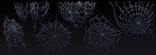 Set of tangled spiderweb hanging isolated on black background. Collection of spooky cobweb for creative Halloween design. Vector illustration of scary haunted house decorations for horror party