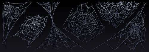 Spider web Halloween set, cobweb, spooky insect net collection design elements for greeting cards. Scary, horror decorative graphics isolated on black background, Cartoon vector illustration, clipart