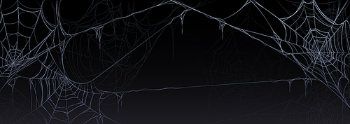 Scary Halloween banner with old spider web hanging in corners on black background. Spooky poster with dirty cobweb, torn spider net and copy space, vector cartoon illustration