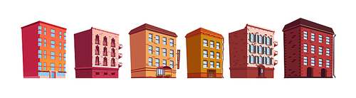 Building cartoon vector isolated illustrations. City landscape elements set, Multi-storey buildings with balconies and gutter, residential apartments, offices, shop or cafe, hotel with red canopy
