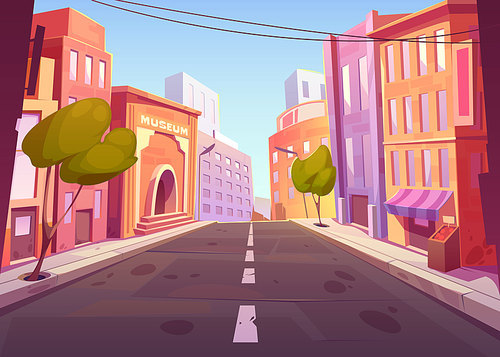 City street with house buildings, museum, shop, road, street lights and green trees. Summer cityscape, town architecture in perspective view, vector cartoon illustration