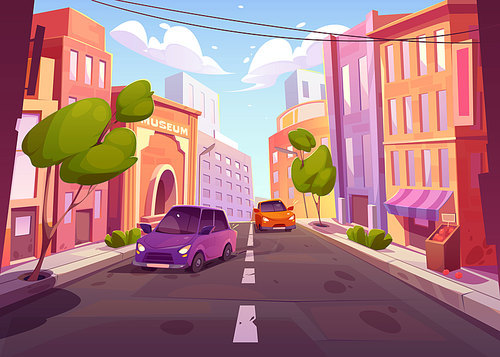 Cars driving at city road on cityscape background with buildings, trees, market stall, museum and walkway. Automobiles riding megalopolis asphalted highway at day time, Cartoon vector illustration
